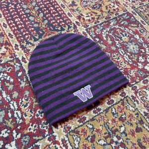 VTG 00s Purple Black Striped Beanie Hat UW Washington Huskies‎ W Logo Fit OSFM